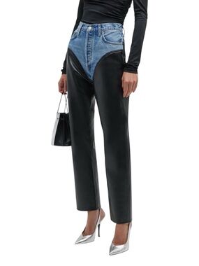 AGOLDE Harley Combo Straight Jeans Blue Denim Leather Panel Women’s 32